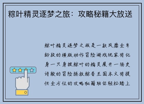 粽叶精灵逐梦之旅:攻略秘籍大放送